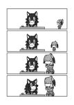  2girls 4koma animal_ears bird_tail comic desk elbow_gloves eye_contact fur_collar gloves grey_wolf_(kemono_friends) greyscale hair_wings heterochromia highres ink jacket kemono_friends kotobuki_(tiny_life) long_hair looking_at_another monochrome multicolored_hair multiple_girls necktie pantyhose quill shoebill_(kemono_friends) short_sleeves shorts side_ponytail simple_background sitting smile standing tail white_background wolf_ears 