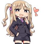  1girl :d bangs black_eyes black_jacket black_legwear black_skirt blush collared_shirt commentary_request copyright_request drooling eyebrows_visible_through_hair formal hand_on_hip heart jacket kanikama light_brown_hair long_hair long_sleeves looking_at_viewer lowres necktie open_mouth pencil_skirt purple_neckwear shirt simple_background skirt skirt_suit smile solo suit sweat thigh-highs two_side_up very_long_hair white_background white_shirt 