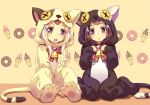  2girls 54hao :o animal_costume animal_ears arm_support bell black_hair bow brown_eyes cat_costume cat_ears cat_tail commentary_request doughnut food hair_ornament head_tilt highres ice_cream long_hair long_sleeves looking_at_viewer multiple_girls open_mouth original parted_lips red_bow siblings sisters sitting sleeves_past_wrists soft_serve striped striped_bow tail twins upper_teeth wariza white_hair x_hair_ornament 