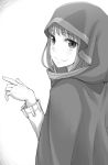  1girl ayakura_juu cape eyebrows_visible_through_hair from_behind greyscale holo hood hooded index_finger_raised looking_at_viewer looking_back monochrome novel_illustration official_art smile solo spice_and_wolf white_background 