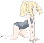  1girl blonde_hair blush female green_eyes kneeling lillie_(pokemon) long_hair nagitaro one-piece_swimsuit pokemon pokemon_(game) pokemon_sm ponytail simple_background solo swimsuit white_background 