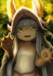  1girl :d backlighting blurry colored_eyelashes depth_of_field ears_through_headwear furry green_eyes head_tilt helmet highres horizontal_pupils horned_helmet looking_at_viewer made_in_abyss nanachi_(made_in_abyss) open_mouth ransui_(al-nit-ak) smile solo whiskers white_hair 