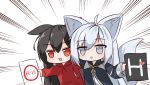  2girls :d :o animal_ears bangs black_hair black_jacket character_request emphasis_lines eyebrows_visible_through_hair fox_ears fox_girl fox_tail girls_frontline grey_eyes hair_between_eyes heart highres holding hood hood_down hoodie jacket long_hair long_sleeves multiple_girls open_mouth parted_lips red_eyes red_hoodie silver_hair smile tail tandohark very_long_hair white_background wide_sleeves 