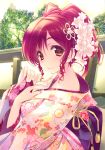  1girl absurdres amazuyu_tatsuki bangs brown_eyes closed_mouth day eyebrows_visible_through_hair floral_print hair_ornament highres japanese_clothes kimono long_sleeves looking_at_viewer outdoors parted_lips redhead scan solo wide_sleeves 