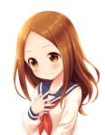  1girl blue_sailor_collar blush brown_eyes brown_hair closed_mouth flustered forehead hand_on_own_chest highres karakai_jouzu_no_takagi-san long_hair sailor_collar school_uniform serafuku solo takagi-san tomo_(user_hes4085) wavy_mouth 