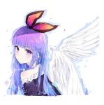  1girl angel_wings black_dress blush bow closed_mouth commentary_request dress frills hair_bow korean_commentary long_hair looking_at_viewer looking_back original purple_hair signature solo sparkle tr_(hareru) upper_body violet_eyes wings 