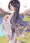 1girl animal black_hair blue_eyes branch character_request cherry_blossoms copyright_request grass hair_blowing holding holding_animal japanese_clothes kazuya_(743167) kimono long_hair looking_at_viewer looking_back obi parted_lips petals pig river sash shore solo tree very_long_hair water white_background white_kimono wind 
