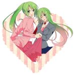 2girls amazuki_jou blue_skirt blush cardigan green_eyes green_hair hair_ribbon heart highres higurashi_no_naku_koro_ni long_hair long_sleeves looking_at_viewer multiple_girls necktie open_cardigan open_clothes open_mouth pink_skirt pleated_skirt ponytail red_neckwear ribbon siblings sisters skirt skirt_hold sonozaki_mion sonozaki_shion twins very_long_hair yellow_ribbon