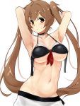  1girl adapted_costume armpits arms_behind_back bikini black_bikini blush breasts brown_eyes choker cleavage collarbone highres kantai_collection large_breasts light_brown_hair long_hair looking_at_viewer miyako_(miyako_lplover) murasame_(kantai_collection) navel sarong simple_background solo sweatdrop swimsuit twintails upper_body very_long_hair white_background white_sarong 