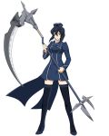  1girl black_eyes black_footwear black_hair blue_dress boots breasts dress full_body hair_between_eyes hat holding holding_weapon log_horizon looking_at_viewer medium_breasts official_art round_table_concil_uniform scythe short_dress short_hair_with_long_locks sidelocks solo standing takayama_misa thigh-highs thigh_boots transparent_background uniform weapon zettai_ryouiki 
