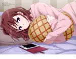  1girl absurdres bed_sheet blush body_blush brown_hair cellphone grey_pillow head_on_pillow highres hood hoodie indoors just_because! looking_at_viewer lying megami_deluxe nail_polish natsume_mio object_hug official_art on_bed on_side page_number pajamas pants phone pillow pink_nails pink_pants pink_shirt purple_bed_sheet shirt smartphone smartphone_case smile solo takahashi_mizuka violet_eyes 