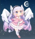  1girl angelica_(k3lly) artist_name bangs black_bow black_hairband blue_eyes bow chibi child crescent_moon dragon_girl dragon_horns dragon_tail dress full_body hairband horns kanna_kamui kobayashi-san_chi_no_maidragon lavender_hair long_hair long_sleeves moon night night_sky pink_bow pink_dress pink_footwear sky solo star_(sky) starry_sky tail thigh-highs very_long_hair white_legwear white_wings wings zettai_ryouiki 