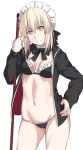  1girl alternate_costume artoria_pendragon_(all) artoria_pendragon_(swimsuit_rider_alter) bikini black_bikini black_ribbon blonde_hair breasts cleavage enmaided fate/grand_order fate_(series) groin hand_on_hip maid maid_headdress medium_breasts navel ribbon saber_alter shiseki_hirame short_hair solo swimsuit swimsuit_under_clothes white_background yellow_eyes 