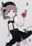  1girl :o animal apple beret black_bow black_hat black_ribbon black_skirt blush bow brown_eyes brown_hair butterfly collared_shirt commentary_request fang fingernails flower food fruit grey_background hair_flower hair_ornament hair_rings hat hatoba_tsugu hatoba_tsugu_(character) highres holding holding_food insect long_sleeves mole mole_under_eye mugcup outstretched_arm parted_lips red_apple ribbon rose shirt simple_background skirt solo suspender_skirt suspenders virtual_youtuber white_flower white_rose white_shirt 