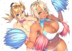 23_(real_xxiii) 2girls :d ahoge ahoge_girl_(23) bare_shoulders blonde_hair blue_eyes blush breasts cheerleader cleavage collarbone commentary_request dark-skinned_girl_(23) dark_skin eyebrows_visible_through_hair eyes_visible_through_hair grabbing hair_between_eyes hair_ornament highres jewelry large_breasts looking_at_viewer midriff multiple_girls navel necklace open_mouth original petals platinum_blonde pom_poms short_hair sidelocks smile star star_hair_ornament thigh-highs twintails white_background wife_and_wife wristband yuri