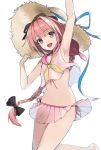  1boy :d ahoge arm_up armpits astolfo_(fate) bangs barefoot bikini bikini_skirt black_bow blue_ribbon blue_skirt bow braid commentary dutch_angle eyebrows_visible_through_hair fang fate/apocrypha fate/grand_order fate_(series) flat_chest front-tie_bikini front-tie_top hair_bow hair_intakes hand_up hat hat_ribbon knees_together_feet_apart long_hair looking_at_viewer lowleg lowleg_bikini male_focus multicolored_hair navel neckerchief open_mouth pink_bikini pink_hair pink_sailor_collar ribbon sailor_collar see-through see-through_silhouette sharpheon side-tie_bikini simple_background single_braid skirt smile solo standing standing_on_one_leg stomach streaked_hair striped striped_bikini sun_hat swimsuit trap two-tone_hair very_long_hair violet_eyes white_background white_hair yellow_neckwear 