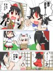  &gt;:&lt; &gt;_&lt; +++ 3girls :&lt; :d =_= angry animal_ears annoyed ascot black_hair bound bow bowtie chibi closed_mouth comic detached_sleeves dress emphasis_lines eyebrows_visible_through_hair fang grey_hair hair_bow hair_tubes hakurei_reimu hand_on_another&#039;s_head hat highres holding holding_rope horns inubashiri_momiji kijin_seija medium_hair motion_lines multicolored_hair multiple_girls o_o open_mouth petting red_bow red_eyes redhead ribbon-trimmed_sleeves ribbon_trim rope shirt short_hair short_sleeves shouting sitting skirt skirt_set smile standing streaked_hair symbol-shaped_pupils tail tied_up tokin_hat touhou translation_request unachika v-shaped_eyebrows walking wide_sleeves wolf_ears wolf_tail xd yellow_neckwear yen_sign 