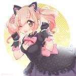  1girl absurdres angelica_(k3lly) animal_ears black_cat_d.va black_dress black_gloves blonde_hair blush bow bracelet breasts brown_eyes cat_ears cleavage d.va_(overwatch) dress eyebrows_visible_through_hair gloves hair_bow heart heart_print highres jewelry looking_at_viewer medium_breasts one_eye_closed overwatch paw_pose pearl_bracelet pink_bow puffy_short_sleeves puffy_sleeves short_sleeves solo tongue_ut twintails 