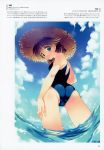  1girl absurdres amazuyu_tatsuki ass bangs bare_shoulders blue_eyes blue_sky breasts clouds cloudy_sky day dutch_angle eyebrows_visible_through_hair from_behind hat highres komaki_ikuno long_hair looking_at_viewer medium_breasts official_art one-piece_swimsuit outdoors page_number parted_lips scan sky solo straw_hat swimsuit to_heart_2 to_heart_2_ad wading water 