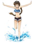  :d barefoot bikini blue_bikini braid brown_eyes brown_hair brown_shorts collarbone eyebrows_visible_through_hair eyewear_on_head floating_hair freckles full_body hair_ribbon isuzu_(log_horizon) log_horizon long_hair looking_down low-tied_long_hair navel official_art one_leg_raised open_clothes open_mouth open_shorts outstretched_arms polka_dot polka_dot_bikini ponytail ribbon short_shorts shorts single_braid smile solo standing standing_on_one_leg sunglasses swimsuit transparent_background very_long_hair water white-framed_eyewear yellow_ribbon 