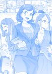  /\/\/\ 3girls :d bangs blue breasts clock closed_eyes emphasis_lines himura_kiseki holding indoors jacket large_breasts long_sleeves looking_at_viewer monochrome multiple_girls office_lady open_mouth pencil_skirt short_hair skirt smile standing wall_clock waving 