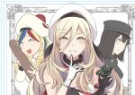  3girls akitsu_maru_(kantai_collection) beret black_hair blonde_hair blue_hair border commandant_teste_(kantai_collection) commentary_request finger_to_mouth fleur_de_lis gloves green_eyes ground_vehicle hair_between_eyes hat ido_(teketeke) jacket kantai_collection long_sleeves military military_vehicle mole mole_under_mouth motor_vehicle multicolored_hair multiple_girls open_mouth peaked_cap redhead richelieu_(kantai_collection) scarf sleeveless smile streaked_hair tank white_hair work_in_progress 