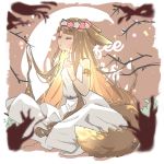  1girl angelica_(k3lly) artist_name bangs blurry blush branch commentary crescent_moon depth_of_field dress eyebrows_visible_through_hair flower hair_flower hair_ornament head_wreath highres long_hair moon pink_flower sitting solo stitched_blush tail very_long_hair white_dress wolf_tail 