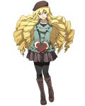  1girl :d black_shirt blonde_hair blue_eyes box brown_hat brown_skirt collarbone drill_hair eyebrows_visible_through_hair full_body gift gift_box hair_between_eyes hat head_tilt heart heart-shaped_box heart_necklace holding holding_box log_horizon long_hair looking_away miniskirt official_art open_mouth pleated rieze_(log_horizon) shirt skirt smile solo standing transparent_background very_long_hair 