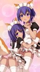  2girls alternate_costume animal_ears blush commentary_request dark_skin enmaided eyebrows_visible_through_hair fate/prototype fate/prototype:_fragments_of_blue_and_silver fate_(series) fox_ears fox_tail hair_between_eyes hassan_of_serenity_(fate) highres looking_at_viewer maid maid_headdress morokoshi_(tekku) multiple_girls open_mouth panties pink_panties puffy_short_sleeves puffy_sleeves purple_hair short_hair short_sleeves tail thigh-highs underwear violet_eyes white_legwear white_panties 