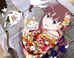  1girl absurdres animal_print blush brown_hair butterfly_print calico cat floral_print fur hair_ribbon highres holding holding_cat japanese_clothes just_because! kimono looking_at_viewer megami_deluxe natsume_mio official_art open_mouth outdoors pink_ribbon print_kimono print_obi print_ribbon red_kimono ribbon seiza shikibu_miyoko sitting smile violet_eyes yellow_eyes 