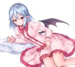  1girl bat_wings blue_hair blush bow breasts commentary dress eyebrows_visible_through_hair feet_out_of_frame frilled_dress frilled_shirt_collar frills highres juliet_sleeves junior27016 long_sleeves looking_at_viewer lying medium_breasts neck_bow no_hat no_headwear on_side pink_dress pointy_ears puffy_sleeves red_bow red_eyes red_neckwear remilia_scarlet short_hair simple_background smile solo touhou white_background wings 
