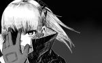  1girl absurdres armor bangs coat covering_one_eye digi-mind_update_(girls_frontline) eyebrows_visible_through_hair girls_frontline gloves greyscale hair_between_eyes hair_ornament hand_up highres jacket long_hair looking_at_viewer monochrome one_eye_covered ponytail serious shaded_face sidelocks solo st_ar-15_(girls_frontline) twoj 