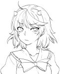  1girl ahoge bangs blush bow bowtie closed_mouth commentary_request eyebrows_visible_through_hair greyscale himajin_noizu horns kijin_seija looking_at_viewer monochrome short_hair simple_background solo touhou upper_body white_background 