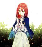  1girl akagami_no_shirayukihime apple blue_cape cape day dress food fruit green_eyes hands_up jewelry looking_at_viewer medium_hair necklace outdoors plant redhead shirayuki_(akagami_no_shirayukihime) smile soap_(user_kghh4755) solo standing tassel white_dress 