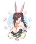  1girl :p animal_ears bangs bare_shoulders between_breasts breasts brown_eyes brown_hair bunnysuit carrot cleavage collarbone corset easter easter_egg eating egg fire_emblem fire_emblem_heroes fire_emblem_if food hair_ornament hair_over_one_eye highres jewelry kagerou_(fire_emblem_if) large_breasts licking long_hair necklace ninja open_mouth ponytail rabbit_ears sexually_suggestive solo spring_(season) strap tongue tongue_out 