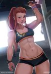  1girl abs bike_shorts blush breasts brigitte_(overwatch) brown_eyes brown_hair cleavage koshio long_hair looking_at_viewer medium_breasts navel overwatch solo sports_bra stomach toned watch watch wristband 
