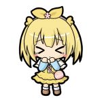  &gt;_&lt; 1girl bag bangs blonde_hair blue_shirt blush_stickers brown_footwear capelet character_request chibi closed_eyes closed_mouth commentary_request dress emil_chronicle_online eyebrows_visible_through_hair facing_viewer full_body hair_between_eyes hair_ribbon hair_weapon hands_up long_sleeves lowres ribbon rinechun shirt shoulder_bag simple_background socks solo standing tears twintails white_background white_capelet white_legwear wings yellow_dress yellow_ribbon yellow_wings 