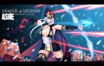  1girl armpit_peek arrow ashe_(league_of_legends) black_dress blue_eyes bow_(weapon) breasts character_name cleavage copyright_name drawing_bow dress hood league_of_legends long_hair medium_breasts open_mouth psychicjin silver_hair solo thigh-highs weapon white_hair 