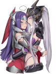  2girls absurdres armor blue_hair blush breasts green_eyes highres hug irelia kumiko_shiba league_of_legends looking_at_viewer multiple_girls parted_lips ponytail silver_hair syndra violet_eyes yuri 