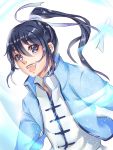  1boy artist_name blue_eyes blue_hair chinese_clothes highres male_focus open_mouth ponytail rossomimi simple_background solo spiritpact teeth white_background yang_jinghua 