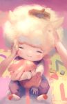  1boy afro animal blush closed_mouth commentary_request fluffy highres holding holding_animal horns male_focus manino_(mofuritaionaka) no_shoes original out_of_frame pants petting pov pov_hands rabbit smile socks solo_focus white_hair 