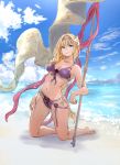  1girl barefoot beach bikini blonde_hair blue_eyes clouds collarbone day flag flower granblue_fantasy groin hair_flower hair_ornament jeanne_d&#039;arc_(granblue_fantasy) kneehighs kneeling navel ocean renzu_(lens_02) revision side-tie_bikini sky smile solo swimsuit water 