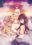  4girls ahoge animal_ears bath bathing black_hair blonde_hair blue_eyes blush breasts brown_hair cleavage closed_eyes covering hair_between_eyes highres large_breasts long_hair looking_at_viewer multiple_girls naked_towel night onsen original outdoors partially_submerged redhead rock short_hair smile soaking_feet steam suzune_rena towel wading water wet 