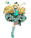  1girl :d aqua_footwear armpits arms_up black_ribbon boots brown_hair dress drill_hair eyebrows_visible_through_hair floating_hair full_body green_eyes hair_between_eyes hair_ribbon idol knee_boots layered_dress log_horizon long_hair looking_at_viewer official_art one_leg_raised open_mouth polka_dot_ribbon ribbon rieze_(log_horizon) smile solo standing standing_on_one_leg transparent_background very_long_hair wrist_cuffs 