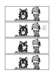  2girls 4koma animal_ears bird_tail comic desk elbow_gloves eye_contact fur_collar gloves grey_wolf_(kemono_friends) greyscale hair_wings heterochromia highres ink jacket kemono_friends kotobuki_(tiny_life) long_hair looking_at_another monochrome multicolored_hair multiple_girls necktie pantyhose quill shoebill_(kemono_friends) short_sleeves shorts side_ponytail simple_background sitting standing tail white_background wolf_ears 