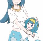  2girls age_difference blue_eyes blue_hair blue_skirt freckles hairband hand_on_another&#039;s_head head_out_of_frame hug jewelry long_hair looking_at_viewer mother_and_daughter multiple_girls nagitaro necklace pokemon pokemon_(anime) pokemon_sm_(anime) shirt short_hair sketch skirt smile suiren&#039;s_mother_(pokemon) suiren_(pokemon) t-shirt white_shirt 