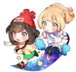  2girls bag beanie black_hair blonde_hair chibi cosmog gen_7_pokemon green_eyes green_shorts handbag hat lillie_(pokemon) long_hair mizuki_(pokemon_sm) multiple_girls open_mouth pointing pointing_forward pokemon pokemon_(creature) pokemon_(game) pokemon_sm ponytail red_hat shirt short_hair short_sleeves shorts simple_background skirt star tied_shirt white_background white_shirt white_skirt zuizi 