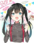  1girl :d bangs black_hair blue_eyes blush cake commentary_request copyright_request english eyebrows_visible_through_hair food fork grey_shirt hair_ornament hairclip hands_up happy_birthday holding jewelry knife long_sleeves looking_at_viewer mole mole_under_eye nanakagura necklace open_mouth plate shirt smile solo suspenders twintails 