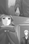  1boy 1girl ayakura_juu cape corpse craft_lawrence dress_shirt greyscale holo hood hooded indoors jacket monochrome novel_illustration official_art open_mouth shirt spice_and_wolf spoilers standing wooden_floor 