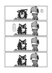  &gt;_&lt; 2girls 4koma :3 animal_ears bird_tail comic desk ears_down elbow_gloves eye_contact fur_collar gloves grey_wolf_(kemono_friends) greyscale hair_wings heterochromia highres ink jacket kemono_friends kotobuki_(tiny_life) long_hair looking_at_another monochrome multicolored_hair multiple_girls necktie open_mouth pantyhose quill shoebill_(kemono_friends) short_sleeves shorts side_ponytail simple_background sitting standing tail translated white_background wolf_ears 